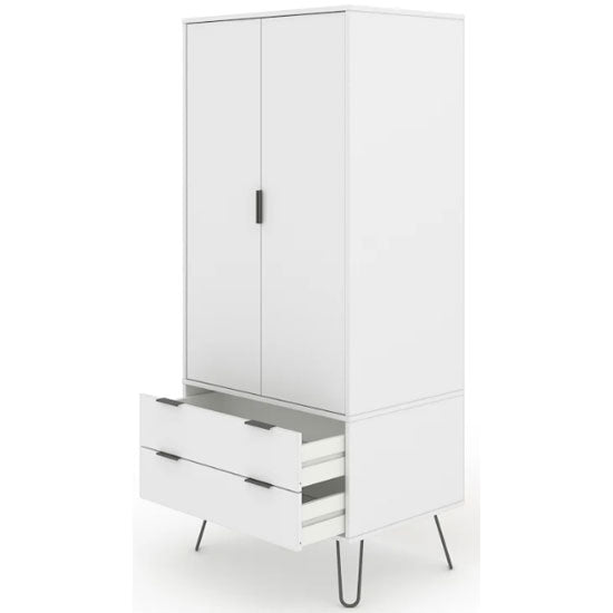 CHOICEWARDROBE Avoch white two-door wardrobe with two drawers and black handles on metal hairpin legs.