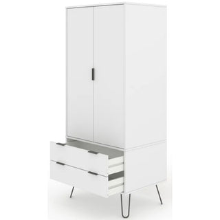 The CHOICEWARDROBE Avoch White 2 Door Wardrobe is a modern wooden wardrobe with two closed doors, two drawers, black handles, and metal hairpin legs.