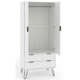 The CHOICEWARDROBE Avoch White 2 Door Wardrobe features a modern wooden design with two drawers, open hanging space, sleek handles, and black metal hairpin legs for an industrial look.