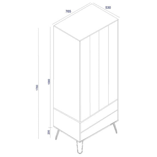 Line drawing of CHOICEWARDROBE Avoch white 2 door wardrobe with 2 drawers and metal hairpin legs, 176cm height, 76.5cm width, 53cm depth.
