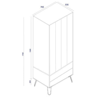 Line drawing of the CHOICEWARDROBE Avoch White 2 Door Wardrobe with metal hairpin legs, labeled: 1760 mm height, 765 mm width, 530 mm depth; lower section height is 200 mm. Features modern style and two drawers.