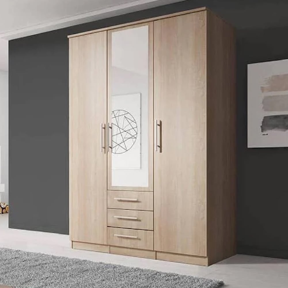 CHOICEWARDROBE Avondale 3 door oak effect mirrored wardrobe with 3 drawers