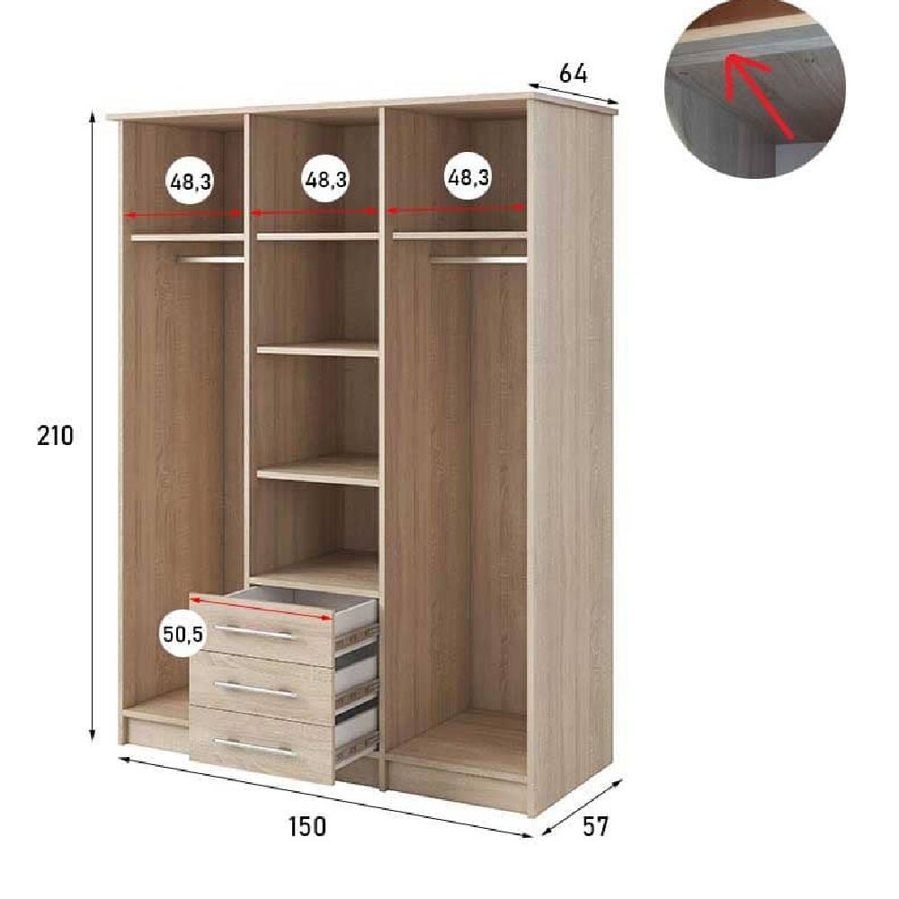 Avondale 3-door oak effect wardrobe with mirrored doors, shelves, and 3 drawers.