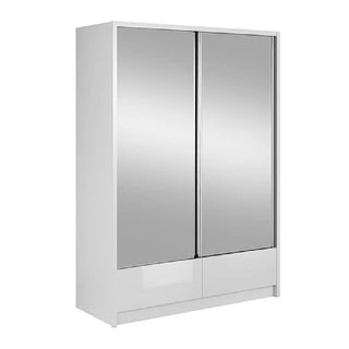 The CHOICEWARDROBE Aztec 2 Door Sliding Mirrored Wardrobe (154cm, High Gloss White) features a modern design with hanging rail, shelves, and two mirrored sliding doors. Shown against a plain white background.