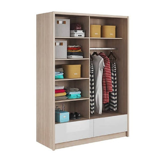 The CHOICEWARDROBE Aztec 2 Door Sliding Mirrored Wardrobe in high gloss white features modern storage with open shelves, two drawers, and a hanging rail—ideal for organizing clothes, baskets, and accessories in style.
