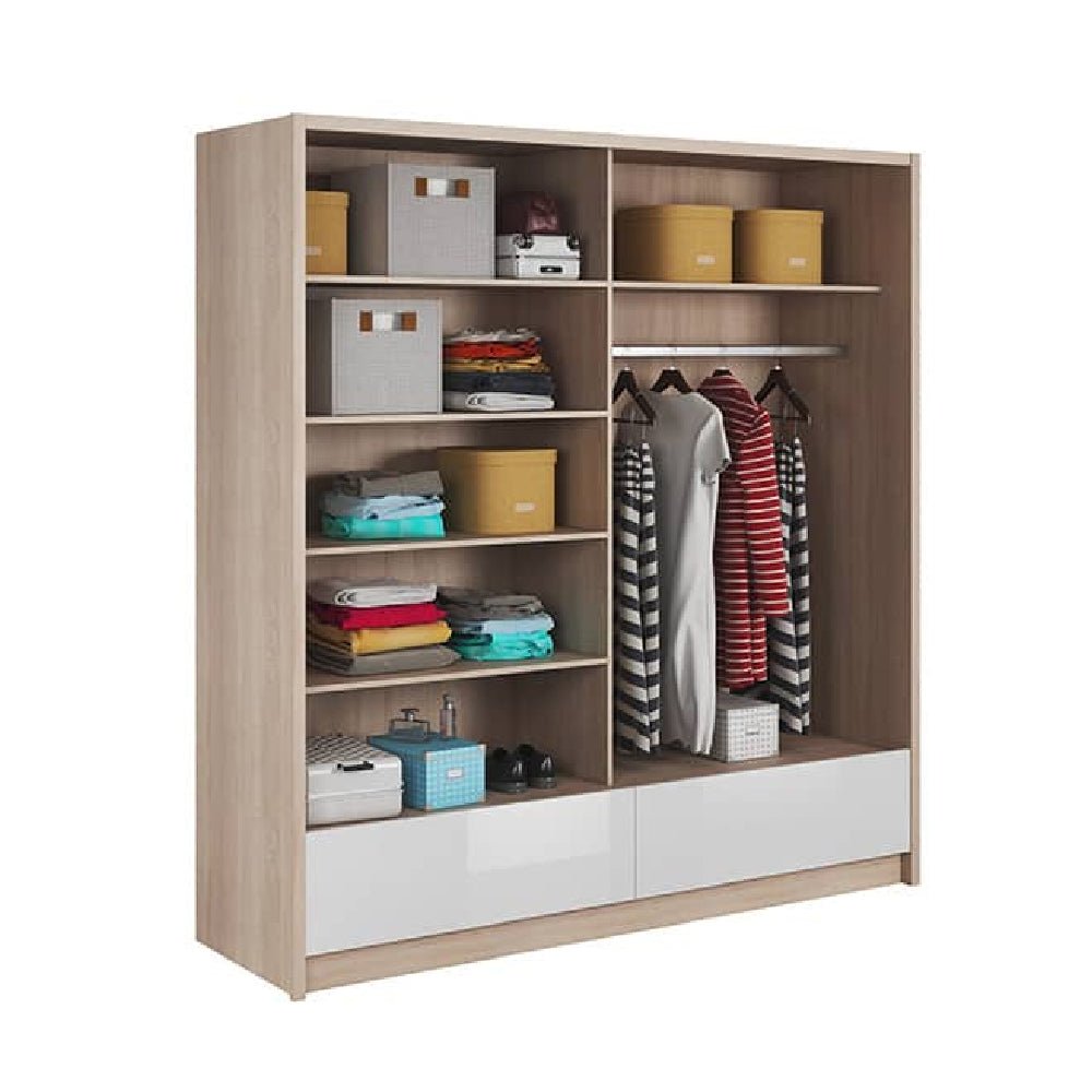 White gloss sliding wardrobe with mirrored doors, showing internal shelves and hanging rail.