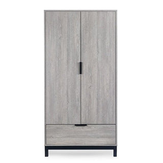 The CHOICEWARDROBE Baara 2 Door Wardrobe (92 cm) in Light Grey Ash Effect features a modern industrial design with two doors, a lower drawer, and black metal legs—ideal for organized bedroom storage.