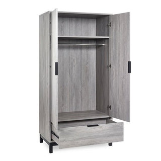 The CHOICEWARDROBE Baara 2 Door Wardrobe in Light Grey Ash Effect has open doors, an empty hanging rod, top shelf, and a bottom drawer. Its modern industrial style features black handles and short black metal legs for stylish bedroom storage.