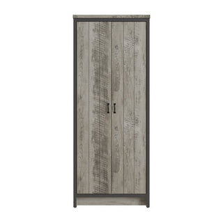 The CHOICEWARDROBE Balcombe 2 Door Wooden Wardrobe features a rustic grey finish, industrial-style dark frame, black metal handles, hanging rail, and storage shelves in a tall rectangular design (73cm).