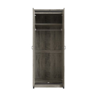The CHOICEWARDROBE Balcombe 2 Door Wooden Wardrobe (73cm, Rustic Grey) features an industrial-style frame, open interior with a top shelf, hanging rail, and lower storage shelf.