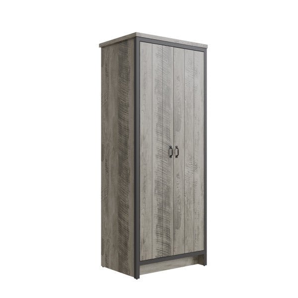 Rustic grey 2-door wardrobe with industrial metal frame and handles.