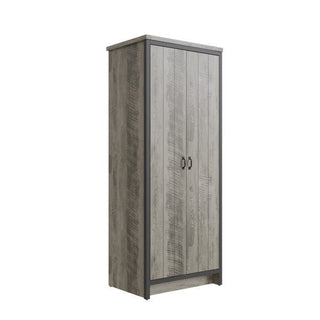 The CHOICEWARDROBE Balcombe 2 Door Wooden Wardrobe features a rustic grey, weathered finish with black metal handles, visible wood grain, and an industrial-style frame. It measures 73cm and includes a hanging rail plus storage shelves.