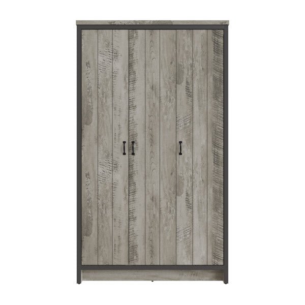 CHOICEWARDROBE Balcombe 3 door wardrobe in rustic grey wood with vertical panels and black handles.