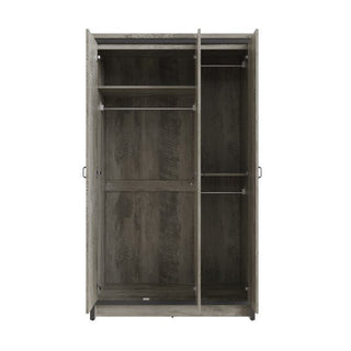 The CHOICEWARDROBE Balcombe 3 Door Wardrobe features a modern vertical panel design in rustic grey wood, offering hanging rails and shelving for versatile storage with contemporary elegance.