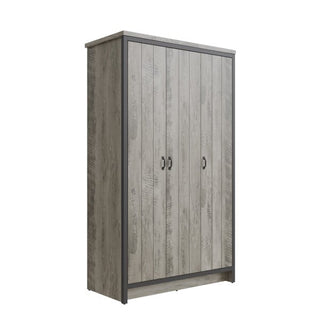 The CHOICEWARDROBE Balcombe 3 Door Wardrobe features a rustic grey wood finish, modern vertical panel design, black handles, hanging rail, and shelving storage for a contemporary look.