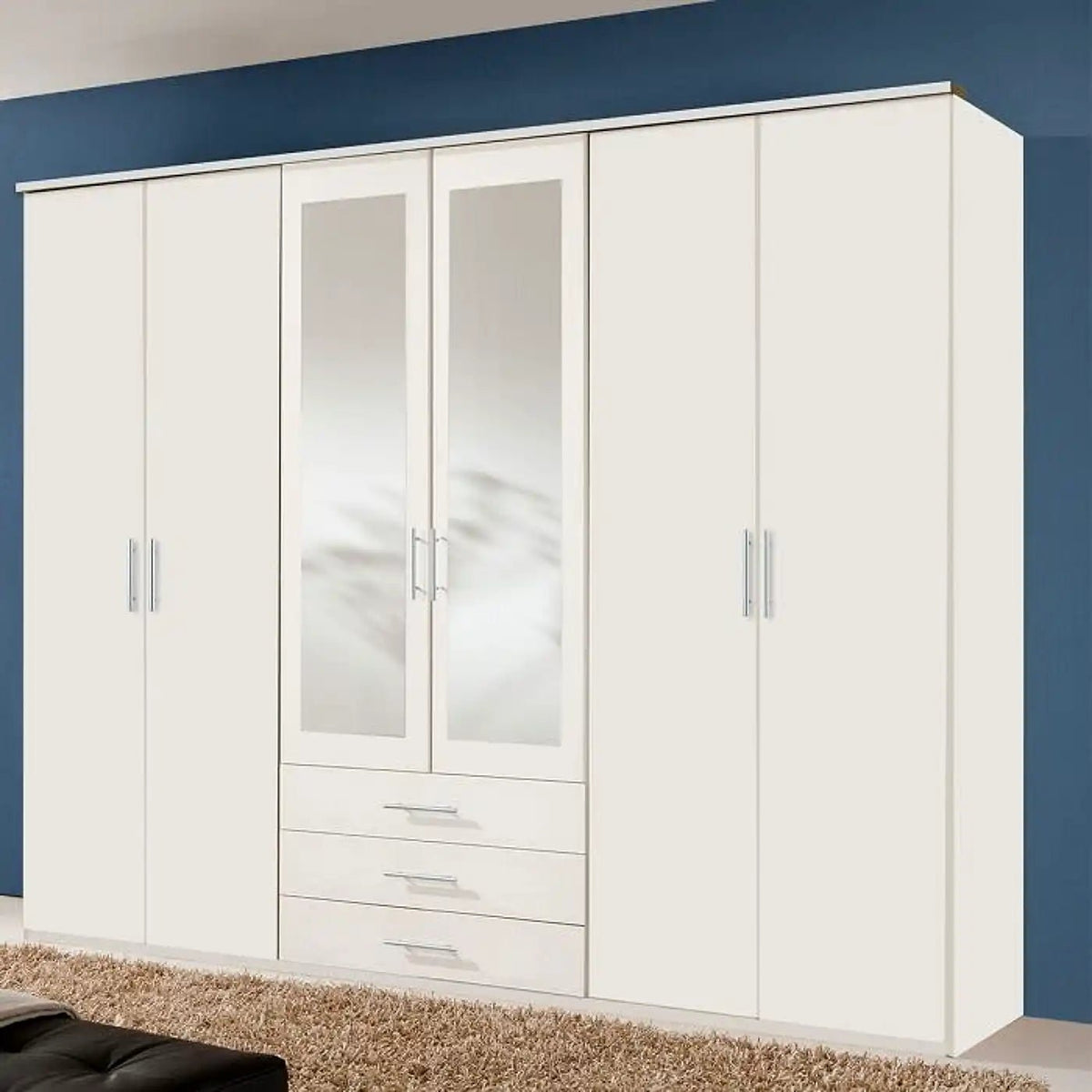 CHOICEWARDROBE Banha 270cm white 6 door hinged wardrobe with mirrored centre doors and drawers