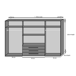 The CHOICEWARDROBE Banha 270cm 6 Door Mirrored Wardrobe in white features three 90 cm sections with shelves, drawers, mirrored doors, and hanging rails. Dimensions: 270 cm (W) x 210 cm (H) x 58 cm (D).
