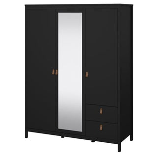 Angled view of Barcia black wardrobe featuring central mirror and modern matte finish