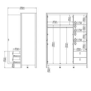 Assembly and measurement blueprint for Barcia black wardrobe with drawers