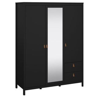 Front view of Barcia black 3 door mirrored wardrobe with two drawers and tan handles