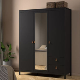 Barcia black 3 door mirrored wardrobe with tan handles in modern bedroom setting