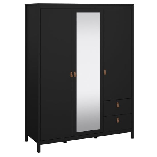 Black 3 door mirrored wardrobe with two drawers and tan handles