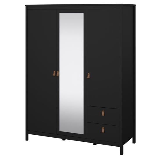 Black 3-door wardrobe with central mirrored door and two drawers below
