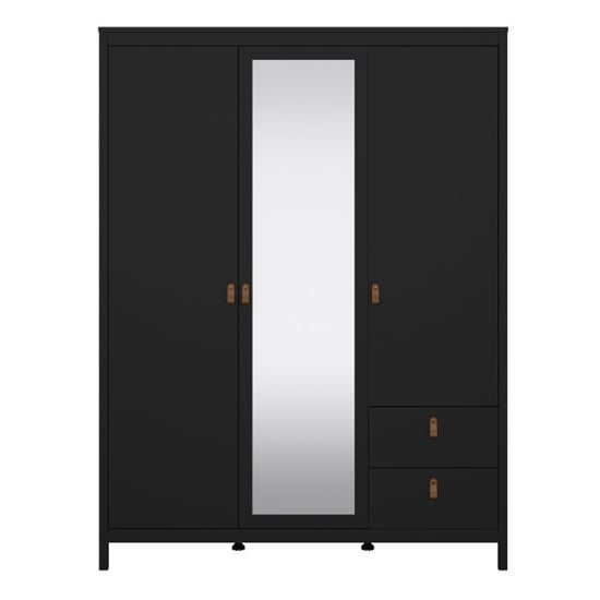 Black 3 door wardrobe with central mirror and two drawers at base
