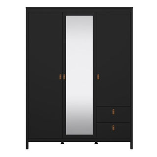 Wide shot of Barcia 3 door black mirrored wardrobe with tan accents