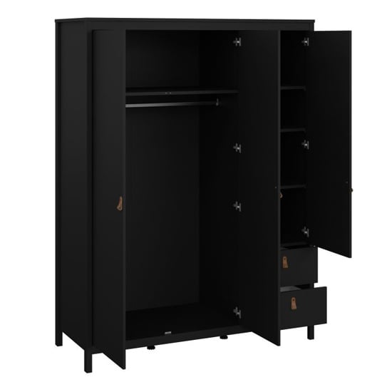 Black 3-door wardrobe interior view with hanging rail, shelves, and two tan-handled drawers