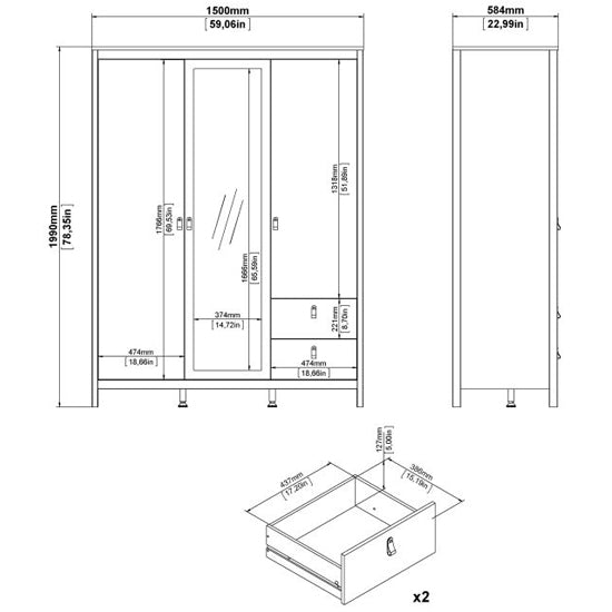 Barcia black 3 door mirrored wardrobe technical dimensions diagram