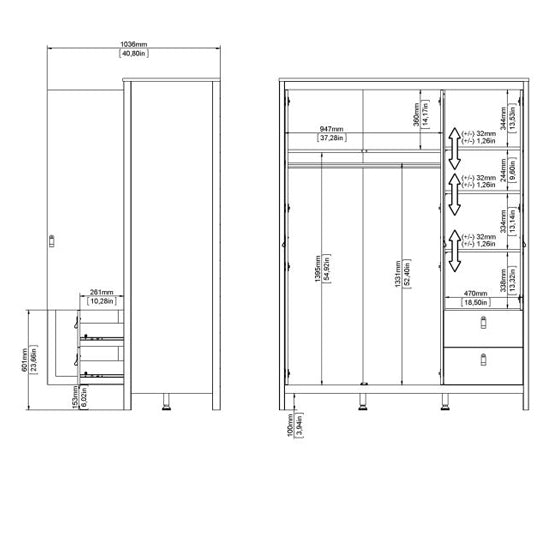 Barcia 3-door wardrobe dimension blueprint with 2 drawers, showing heights and widths.