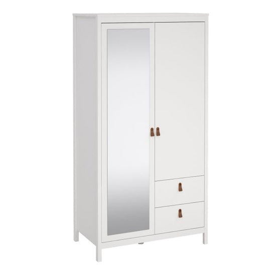 White 2-door wardrobe with mirrored door and 2 drawers