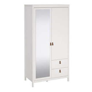 The CHOICEWARDROBE Barcila 102cm Mirrored 2 Door Wooden Wardrobe in white features a full-length mirrored door, two storage drawers, brown handles, a hanging rail, and short legs for stylish bedroom storage.