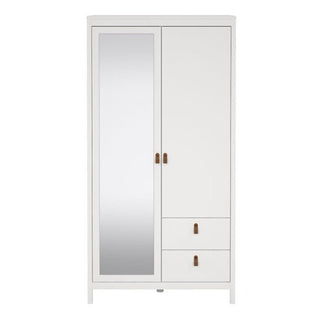 The CHOICEWARDROBE Barcila is a 102cm white wooden wardrobe with two doors—one with a full-length mirror—plus two storage drawers, brown handles, hanging rail, and four short legs for style and function in your bedroom.