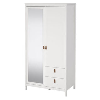 The CHOICEWARDROBE Barcila 102cm wardrobe features a white finish, 2 doors (1 mirrored), 2 storage drawers with brown handles, and a hanging rail. Its modern design makes it ideal for any bedroom.