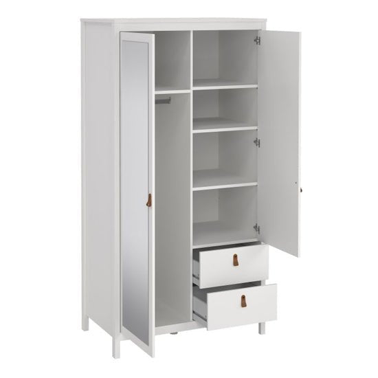 White 2 door wardrobe with a mirrored door, two storage drawers and brown handles.