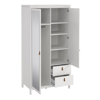 The CHOICEWARDROBE Barcila 102cm Mirrored 2 Door Wooden Wardrobe features a white finish, full-length mirrored door, two storage drawers, shelves, hanging rail inside, and brown handles for a warm touch.