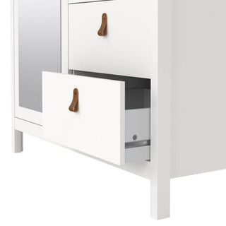 The CHOICEWARDROBE Barcila 102cm Mirrored 2 Door Wooden Wardrobe features a white finish, two storage drawers with brown handles, a hanging rail, and is ideal for contemporary bedrooms. One lower drawer is partially open, showing a white box inside.