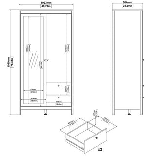 Black and white technical drawing of the CHOICEWARDROBE Barcila 102cm Mirrored 2 Door Wooden Wardrobe in white, featuring labeled dimensions in mm/inches, two storage drawers, a hanging rail, and a sleek modern design for bedrooms.