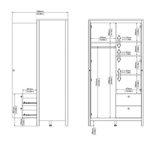 Technical drawing of the CHOICEWARDROBE Barcila 102cm Mirrored 2 Door White Wardrobe shows front/side views with measurements (mm/inches) for drawers, hanging rail, and shelves, ideal for modern bedrooms.