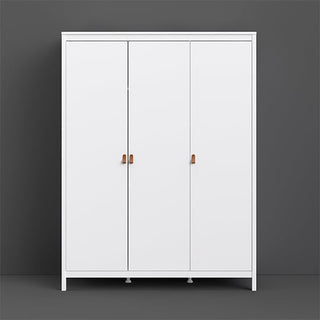 The CHOICEWARDROBE Barcila 3 Door Wooden Wardrobe in white boasts a modern minimalist design with leather handles and ample storage, standing elegantly against a plain dark gray wall and floor.