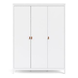 The CHOICEWARDROBE Barcila 3 Door Wooden Wardrobe features a white finish, modern minimalist design, leather handles, ample storage, and stands on short legs against a plain background.