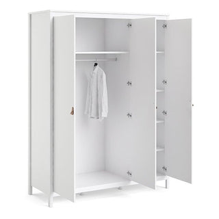 The CHOICEWARDROBE Barcila 3 Door Wooden Wardrobe in white features a modern minimalist design with leather handles, stands on four short legs, and offers a hanging rod with shelf space plus multiple side shelves for organized storage.