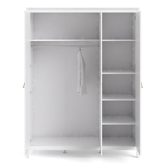White 3 door wardrobe with doors open, showing hanging rail and shelves