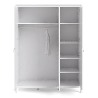 The CHOICEWARDROBE Barcila 3 Door Wooden Wardrobe in white finish, with doors open, shows a modern minimalist design featuring leather handles, one gray shirt hanging left, and five empty shelves on the right for ample storage.