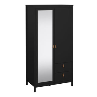 The CHOICEWARDROBE Barcila Mirrored Wooden Wardrobe in black features a modern minimalist design, two doors (including a full-length mirror), two drawers with leather-style handles, and stands elegantly on four legs.