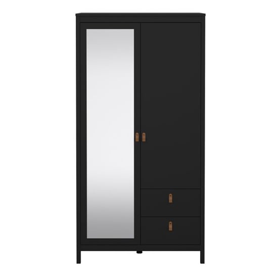 Black 2-door wardrobe with one mirrored door and two bottom drawers.
