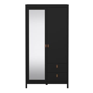 The CHOICEWARDROBE Barcila Mirrored Wooden Wardrobe features a modern black design with 2 doors, a full-length mirror, 2 drawers on the bottom right, and stylish leather-style handles—ideal minimalist bedroom furniture.