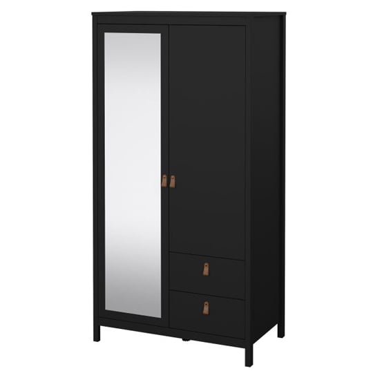 Black wooden wardrobe with a full-length mirrored door and two drawers with leather-style handles.